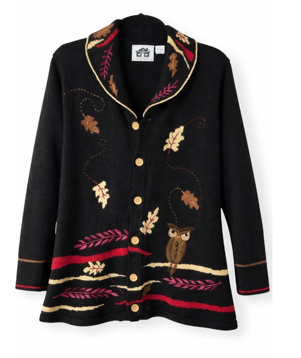 Vintage Storybook Knits Fall Autumn Leaves Owl Embroidered Cardigan Sweater M